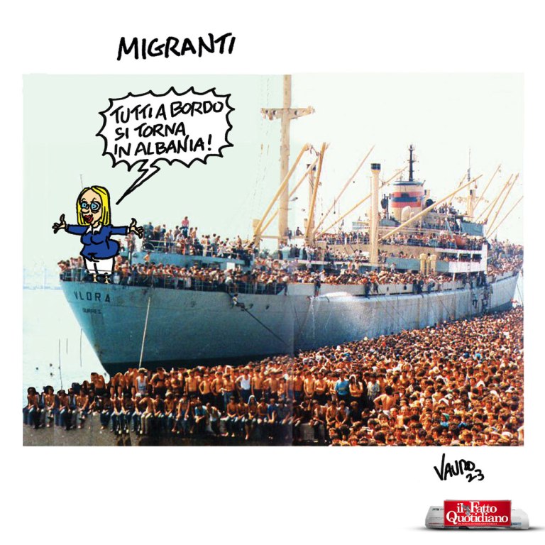 Meloni. Vlora. Migranti. Tutti a bordo si torna in Albania!